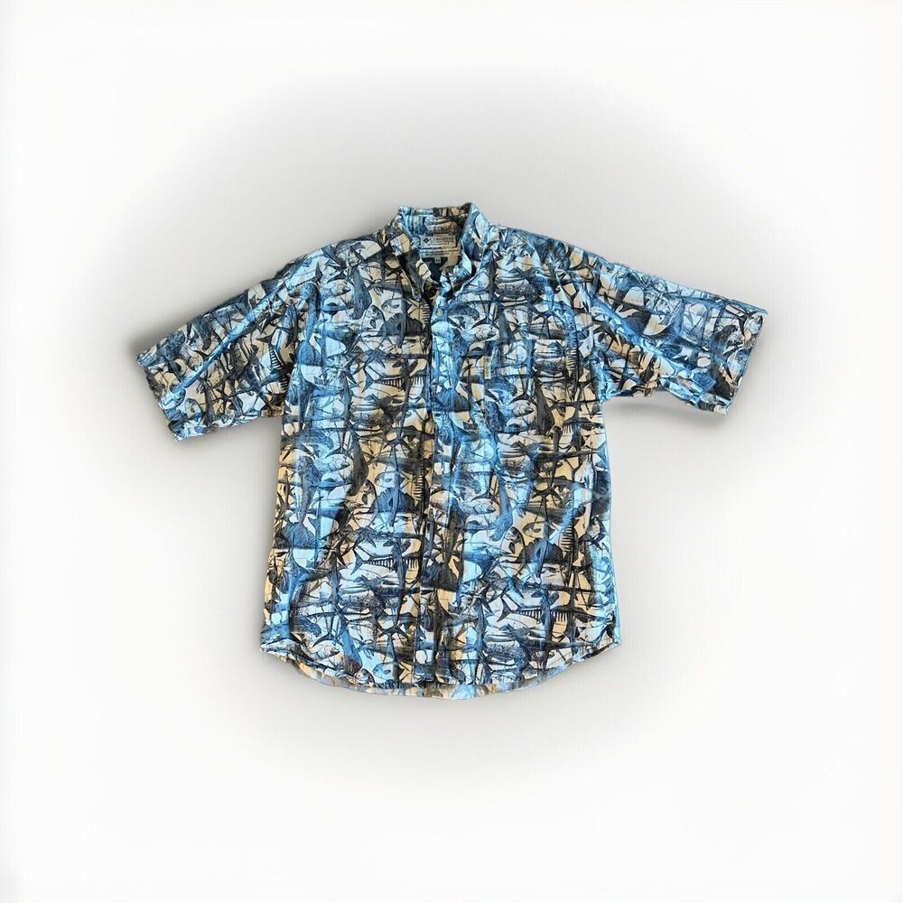 Vintage Columbia Fish Print Shirt Medium 90s Mahi Trout Salmon Pattern Button Up